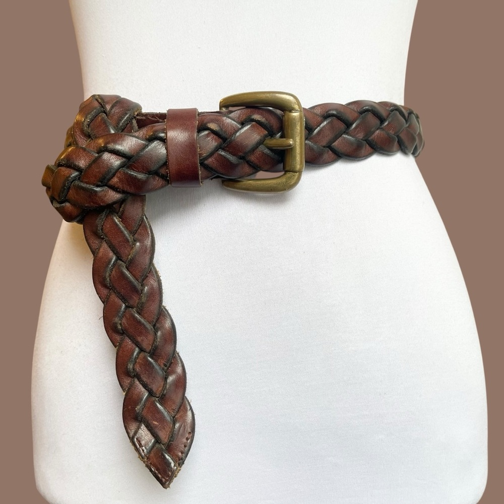 Brown Braided Leather Belt Square Buckle Chunky 90s Size L